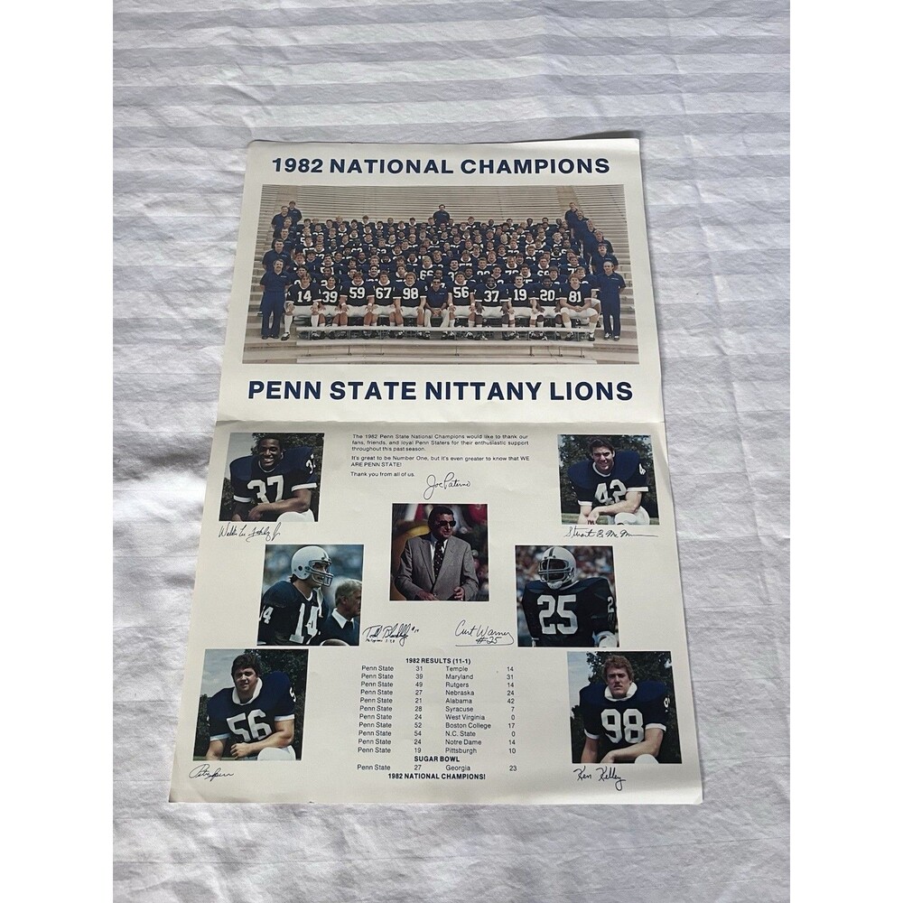 Vintage 1982 Penn State National Champions Poster Roster Key Curt Warner Paterno